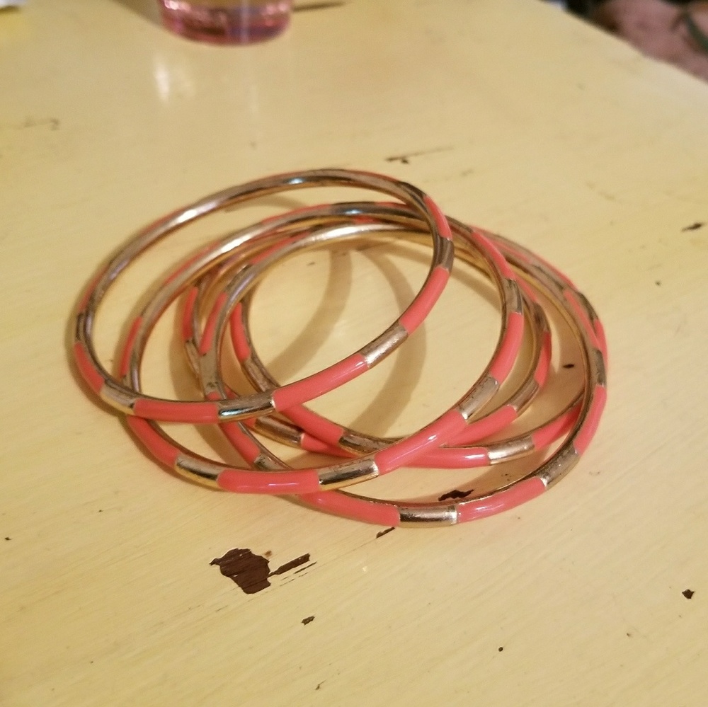 Coral and Gold color block bangles set of 5